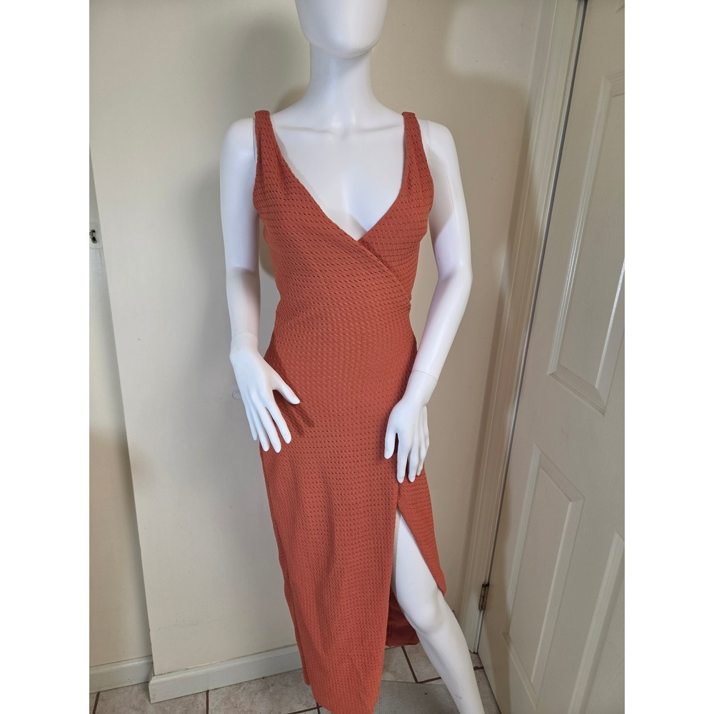 TJD Rust‎ Orange Pointelle Knit Wrap V-Neck Midi Dress with Side Slit XS